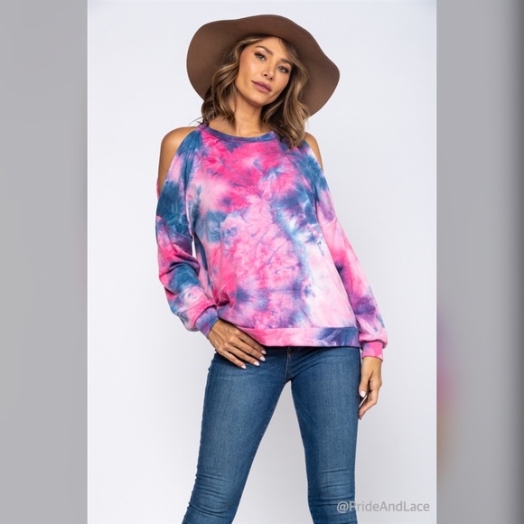 🆕 FUCHIA TIE DYE COLD SHOULDER TOP - Picture 2 of 5